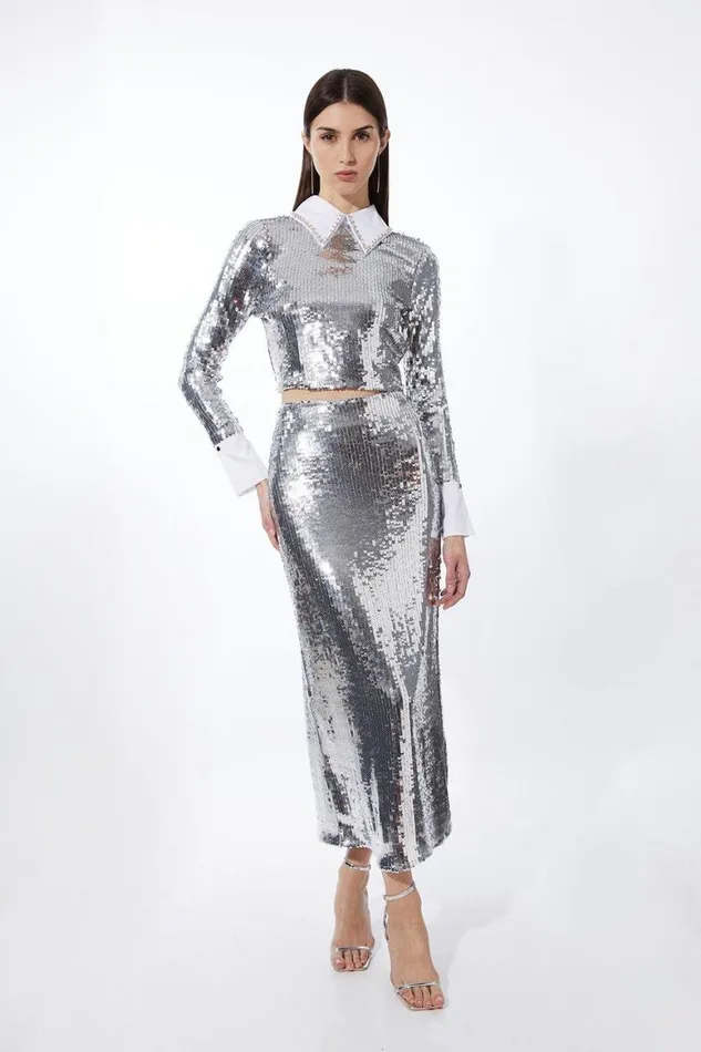 Tops Women Karen Millen Sequin Woven Long Sleeve Crop Top Silver