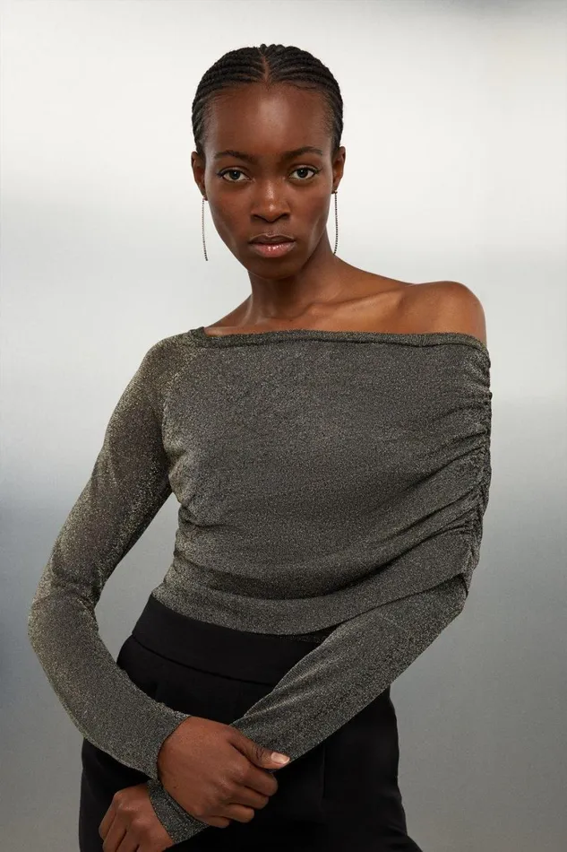Tops Women Karen Millen Slinky Metallic Wrap Knit Top Gold