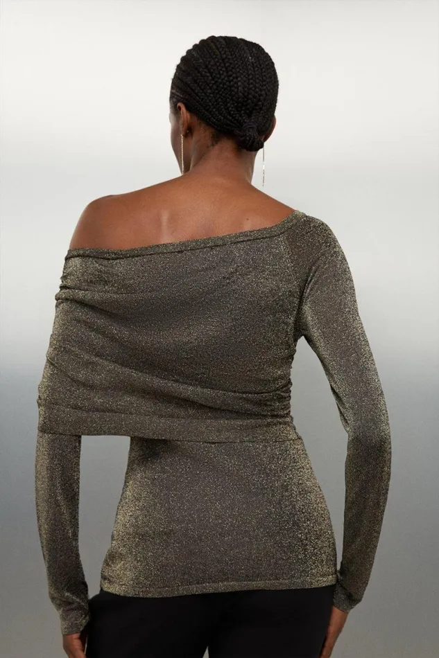 Tops Women Karen Millen Slinky Metallic Wrap Knit Top Gold