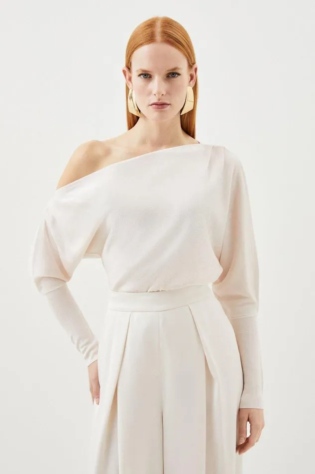 Tops Women Karen Millen Slinky Viscose Asymmetric Knit Top Cream