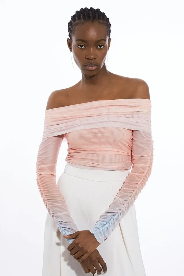Tops Women Karen Millen Sunset Ombre Mesh Off The Shoulder Jersey Bodysuit Multi