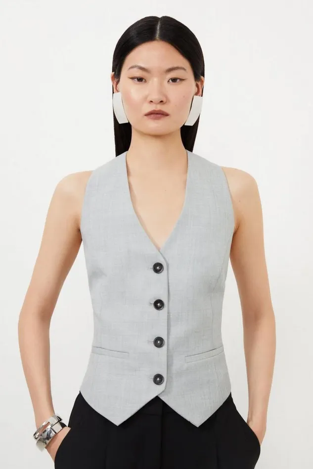 Tops Women Karen Millen Tailored Wool Blend Tie Back Detail Waistcoat Grey