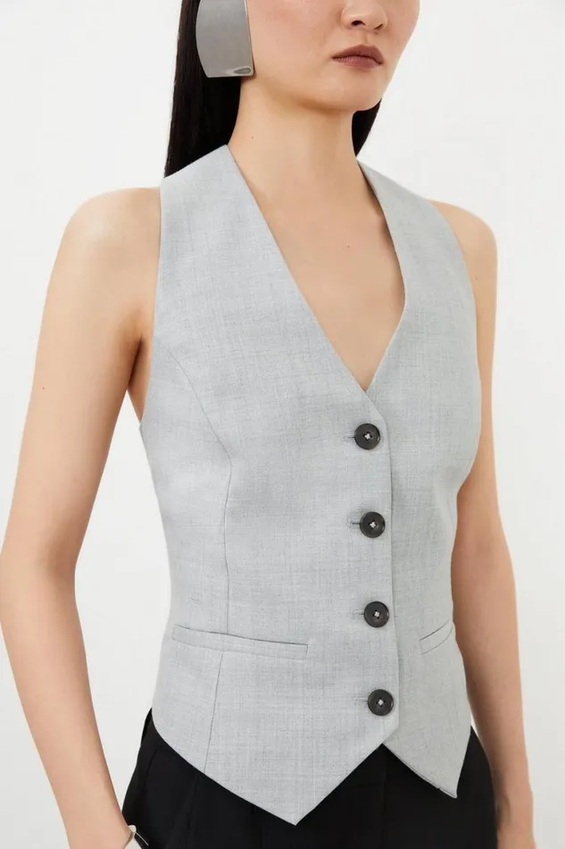 Tops Women Karen Millen Tailored Wool Blend Tie Back Detail Waistcoat Grey
