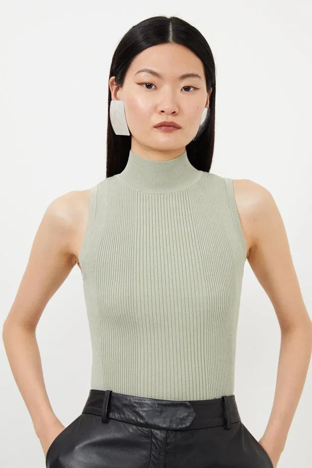 Tops Women Karen Millen Viscose Blend Dry Handle Rib Funnel Vest Sage