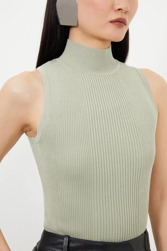 Tops Women Karen Millen Viscose Blend Dry Handle Rib Funnel Vest Sage