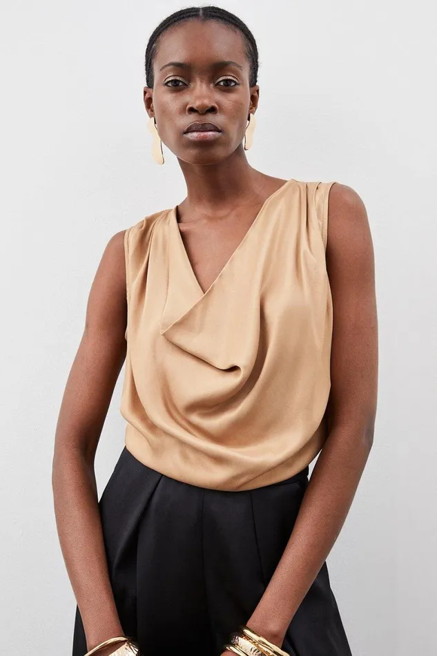Tops Women Karen Millen Viscose Satin Cowl Neck Sleeveless Bodysuit Camel