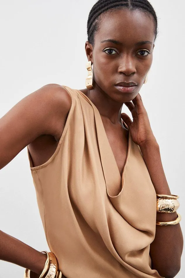 Tops Women Karen Millen Viscose Satin Cowl Neck Sleeveless Bodysuit Camel