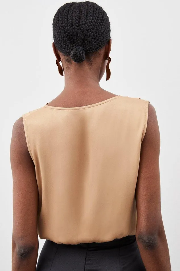 Tops Women Karen Millen Viscose Satin Cowl Neck Sleeveless Bodysuit Camel