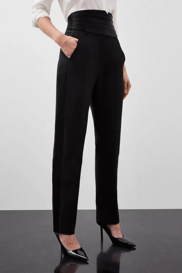 Trousers Women Karen Millen Compact Stretch Satin Side Slim Leg Tailored Trouser Black