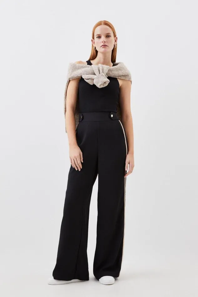 Trousers Women Karen Millen Mono Satin Back Woven Crepe Contrast Wide Leg Trousers Black
