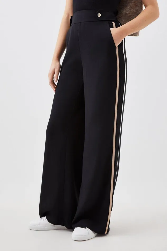 Trousers Women Karen Millen Mono Satin Back Woven Crepe Contrast Wide Leg Trousers Black