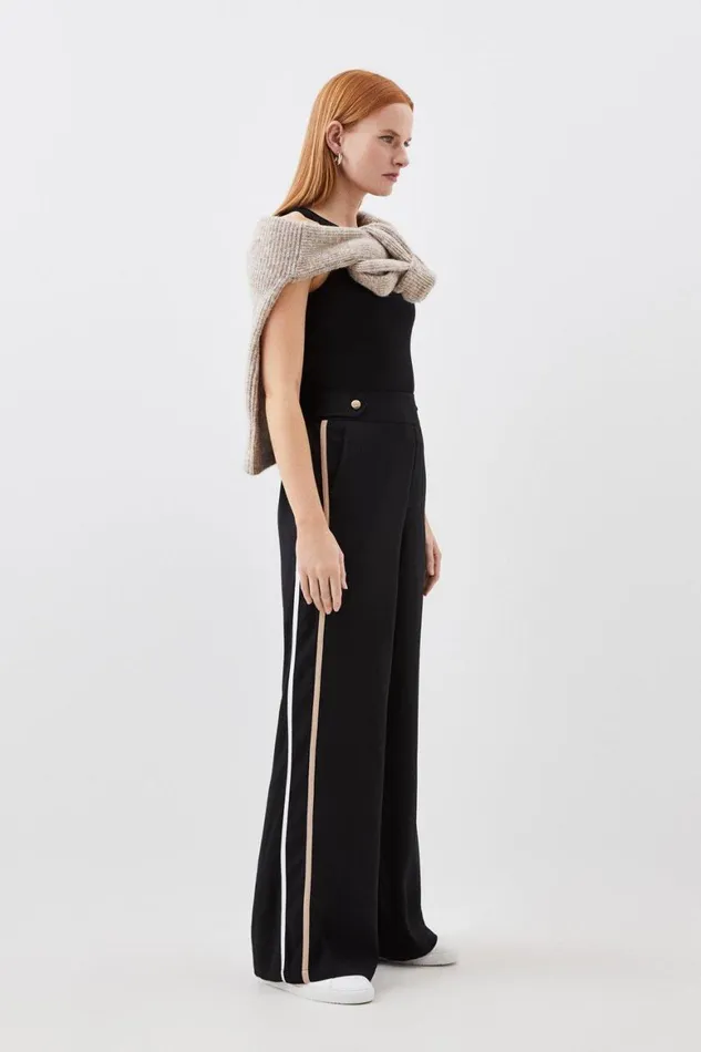 Trousers Women Karen Millen Mono Satin Back Woven Crepe Contrast Wide Leg Trousers Black