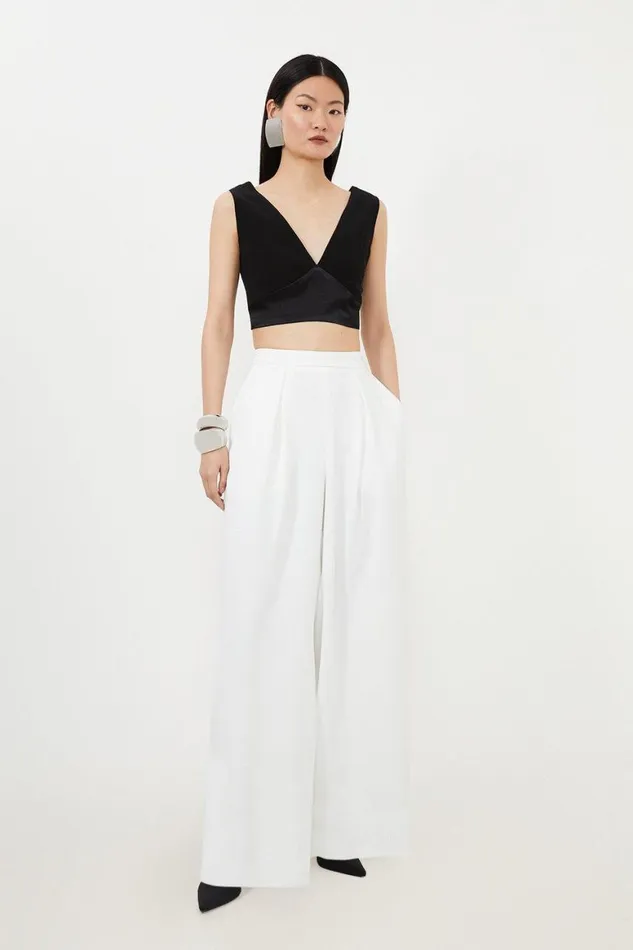 Trousers Women Karen Millen Tailored Premium Crepe Pleat Detail Wide Leg Trousers Ivory