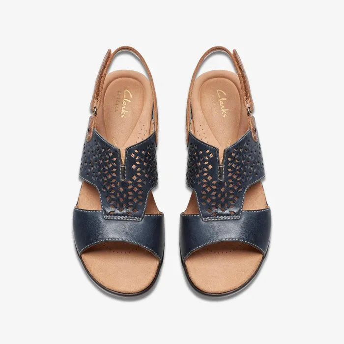 Tuleah Sun Navy Leather Women Clarks Sandals and Flip Flops