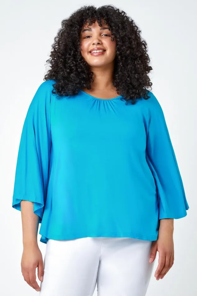 Turquoise Curve Stretch Jersey Cape Sleeve Top Women Roman Tops