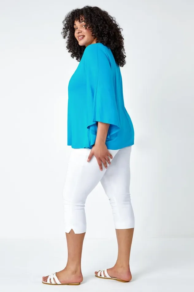 Turquoise Curve Stretch Jersey Cape Sleeve Top Women Roman Tops