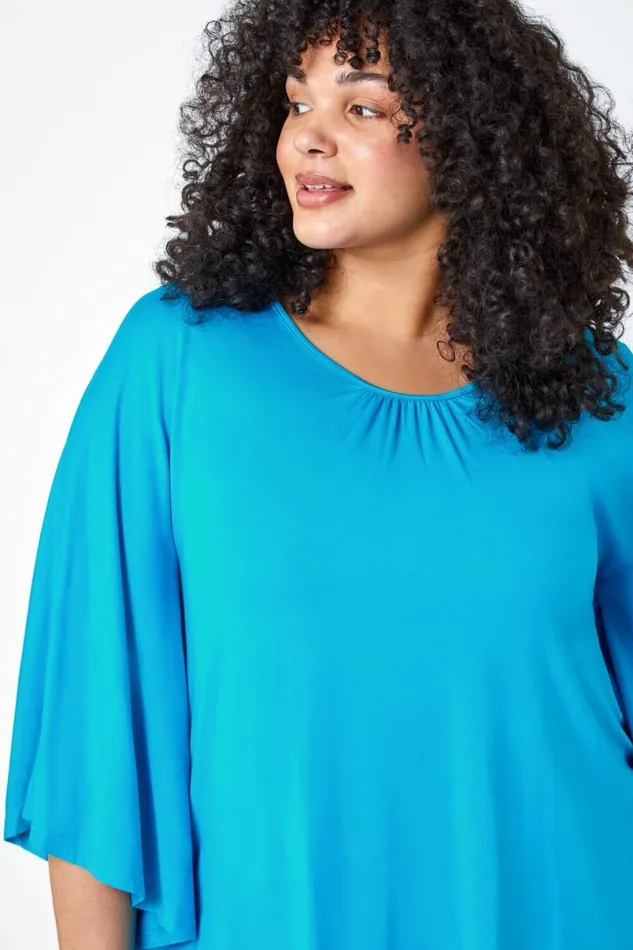 Turquoise Curve Stretch Jersey Cape Sleeve Top Women Roman Tops