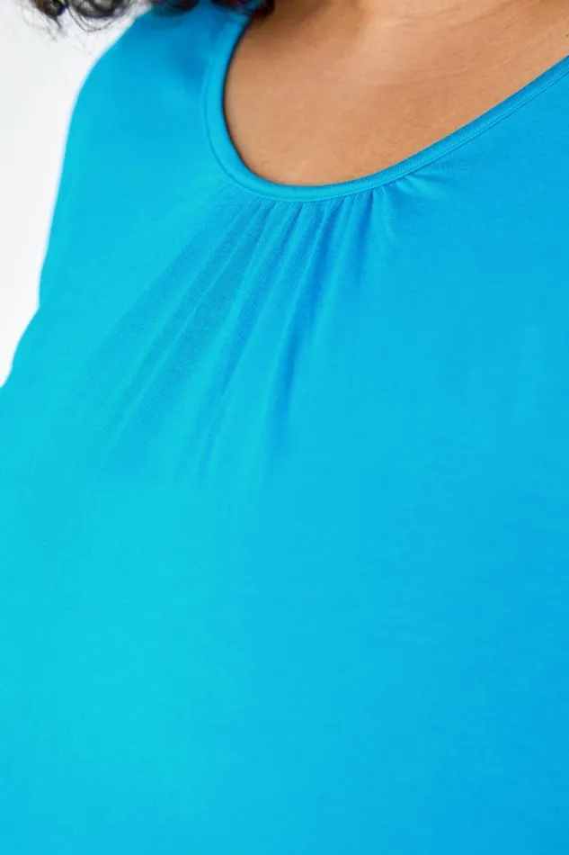 Turquoise Curve Stretch Jersey Cape Sleeve Top Women Roman Tops