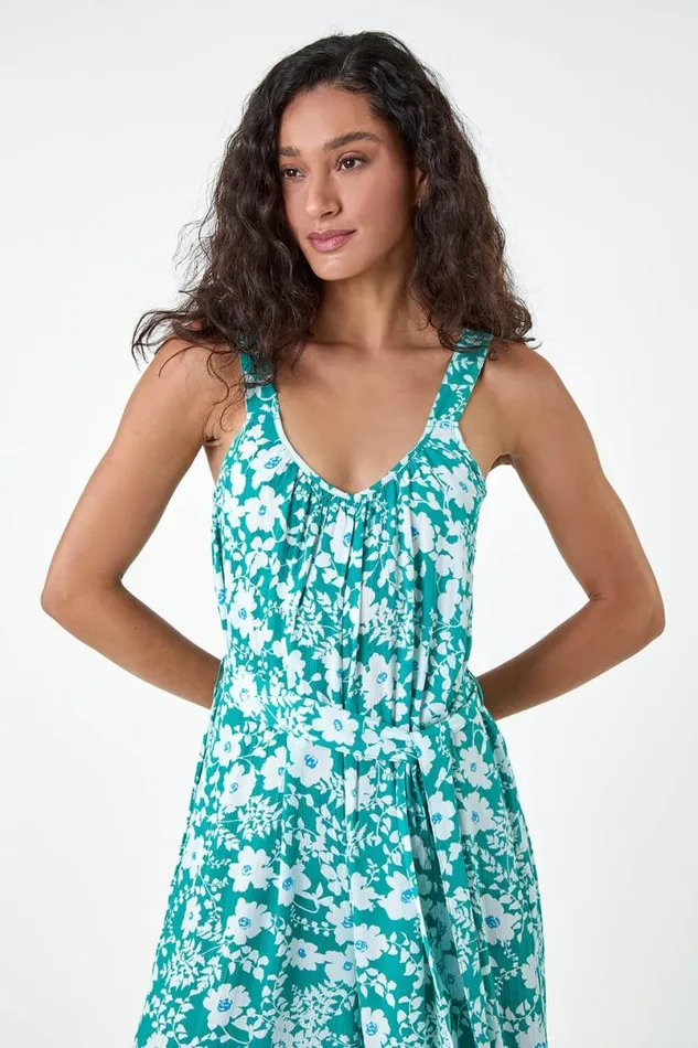 Turquoise Floral Print Belted Jumpsuit Women Roman Dresses