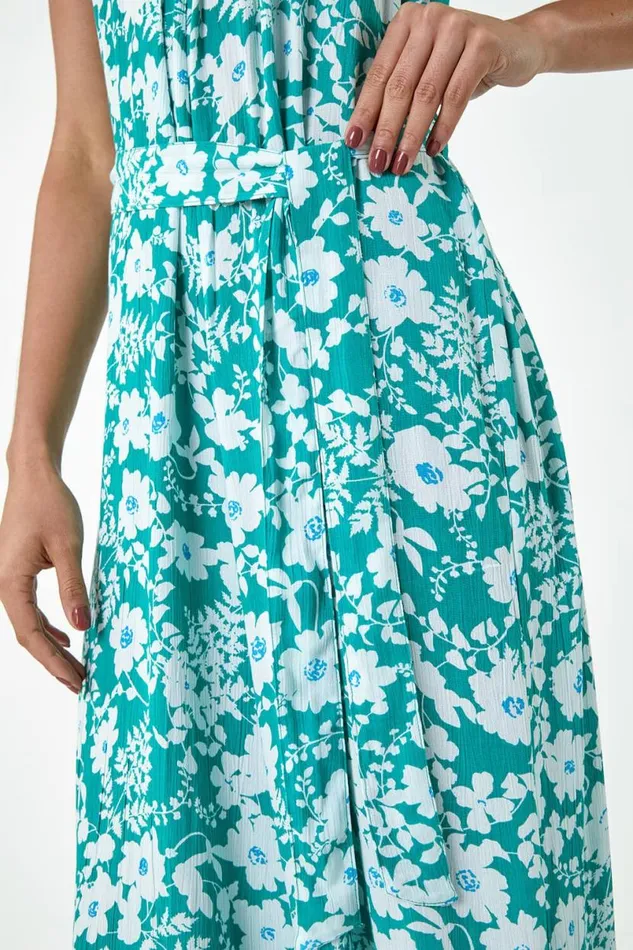 Turquoise Floral Print Belted Jumpsuit Women Roman Dresses