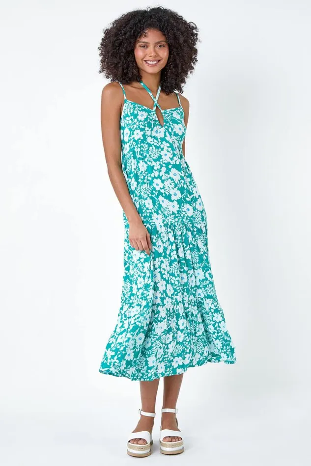 Turquoise Floral Strappy Cross Over Midi Dress Women Roman Dresses