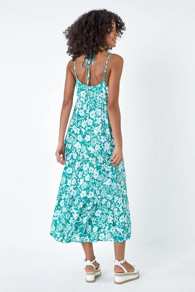 Turquoise Floral Strappy Cross Over Midi Dress Women Roman Dresses