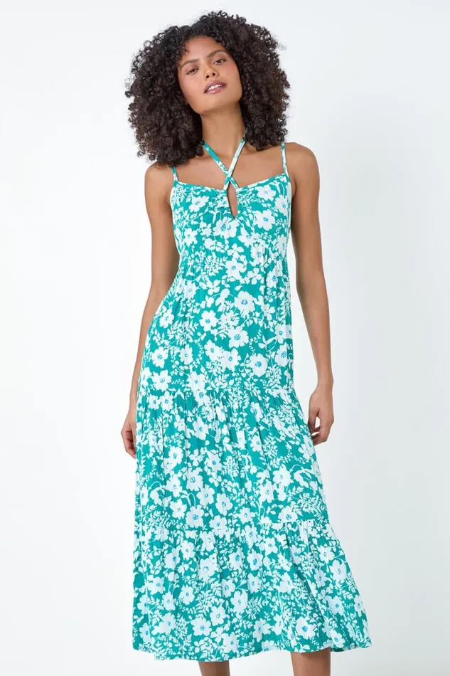 Turquoise Floral Strappy Cross Over Midi Dress Women Roman Dresses
