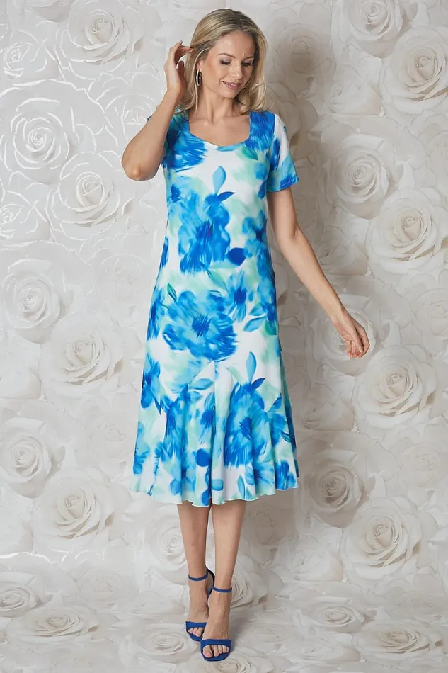 Turquoise Julianna Floral Bias Cut Midi Dress Women Roman Occasionwear