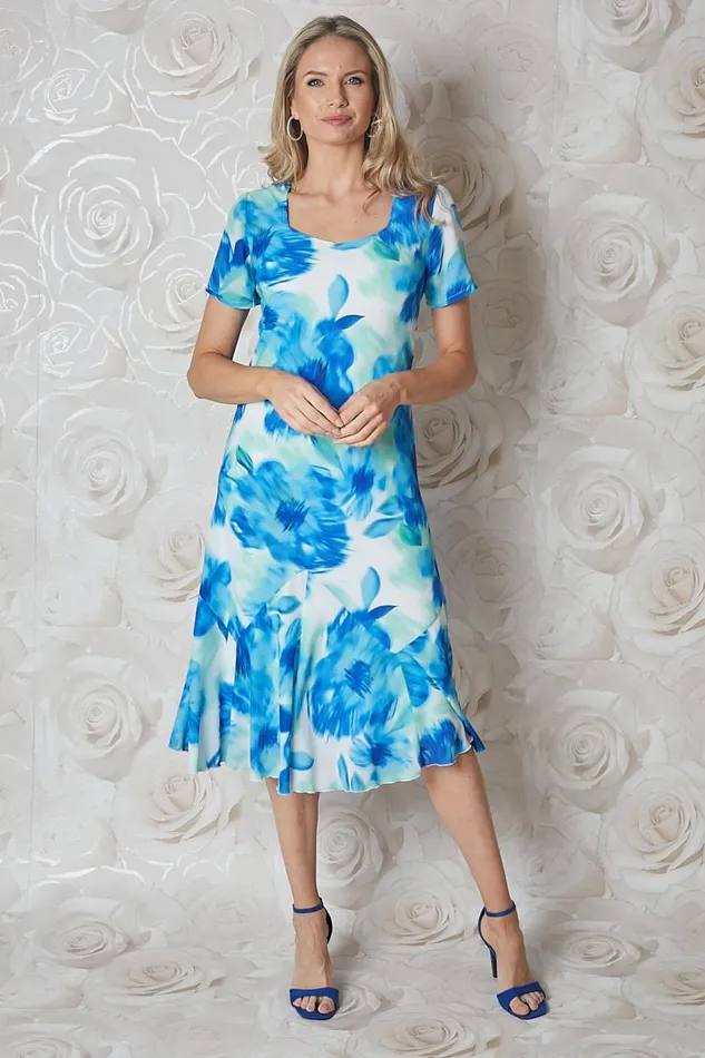 Turquoise Julianna Floral Bias Cut Midi Dress Women Roman Occasionwear