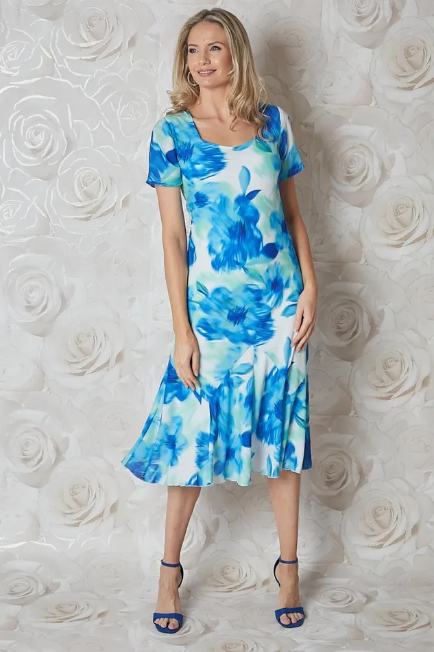 Turquoise Julianna Floral Bias Cut Midi Dress Women Roman Occasionwear
