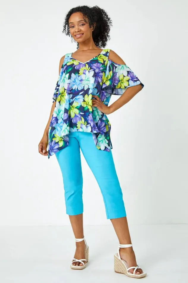 Turquoise Petite Elastic Waist Stretch Cropped Trouser Women Roman Trousers