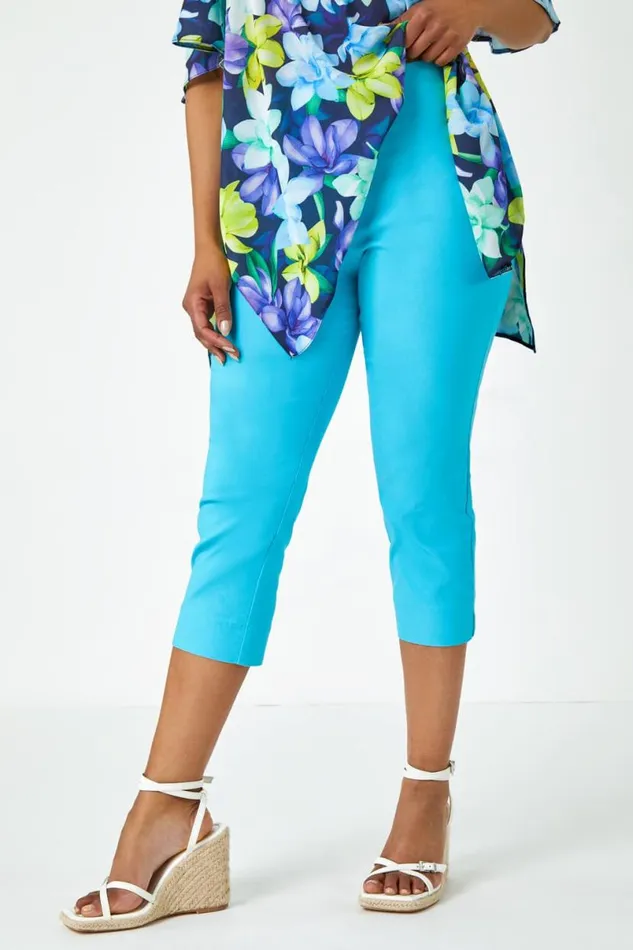 Turquoise Petite Elastic Waist Stretch Cropped Trouser Women Roman Trousers