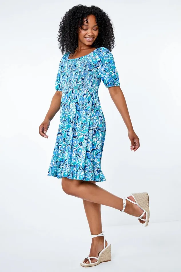 Turquoise Petite Floral Print Shirred Tea Dress Women Roman Dresses