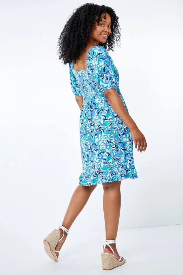 Turquoise Petite Floral Print Shirred Tea Dress Women Roman Dresses