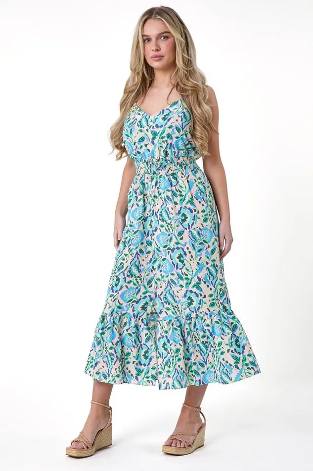 Turquoise Petite Floral Textured Spot Cotton Midi Dress Women Roman Dresses