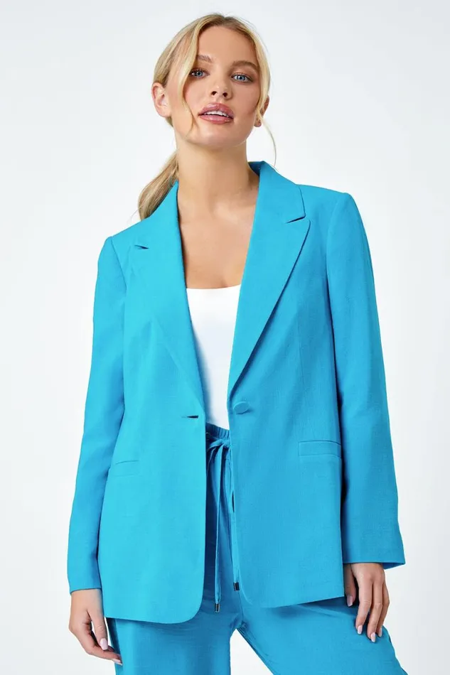 Turquoise Petite Linen Blend Blazer Women Roman Jackets