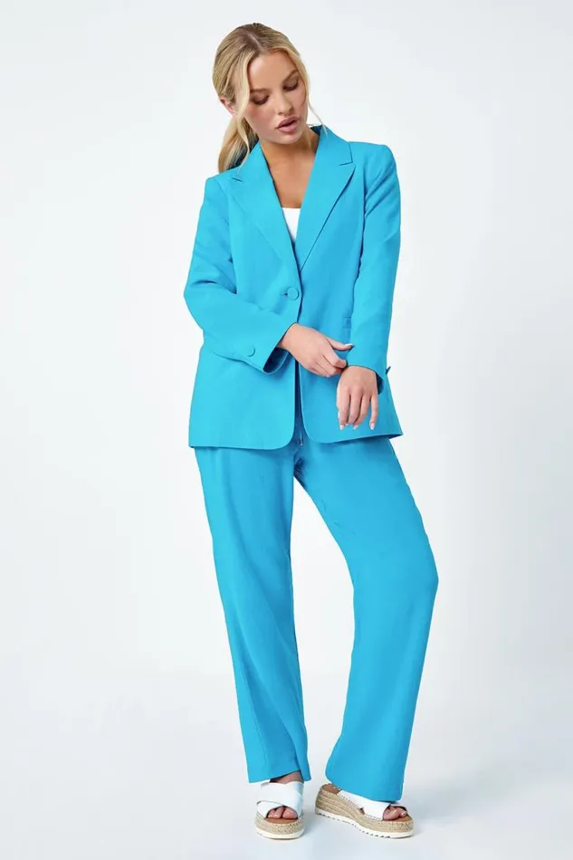 Turquoise Petite Linen Blend Blazer Women Roman Jackets