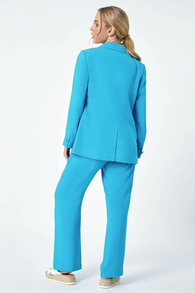 Turquoise Petite Linen Blend Blazer Women Roman Jackets