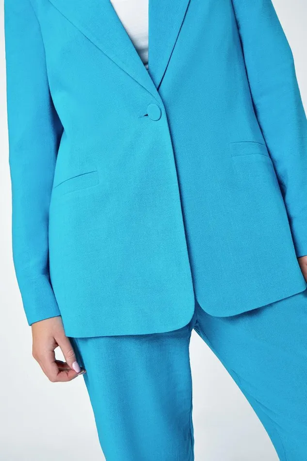 Turquoise Petite Linen Blend Blazer Women Roman Jackets