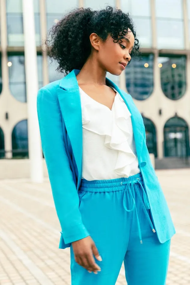 Turquoise Petite Linen Blend Blazer Women Roman Jackets