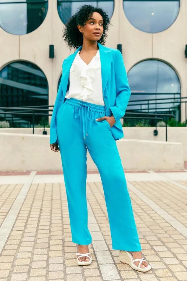 Turquoise Petite Linen Blend Blazer Women Roman Jackets