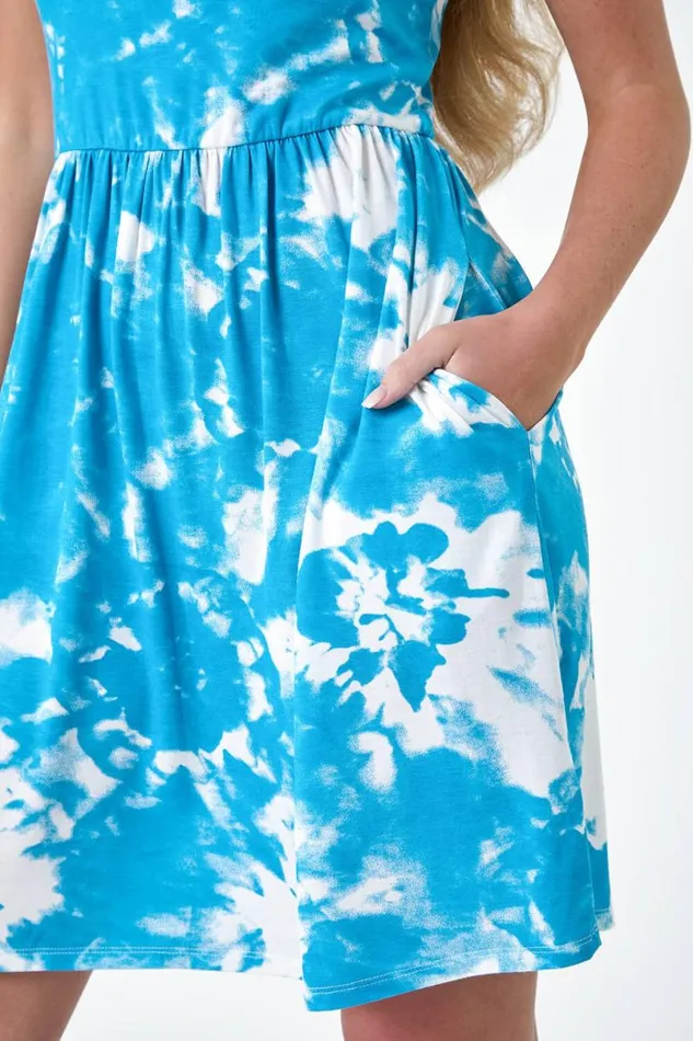 Turquoise Petite Tie Dye Strappy Stretch Pocket Dress Women Roman Dresses
