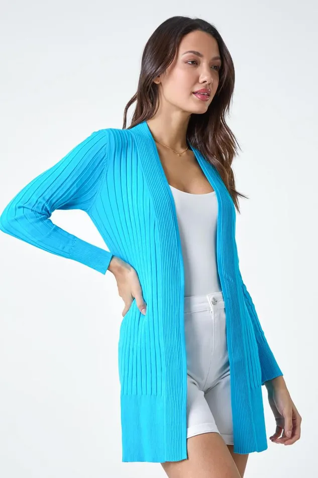 Turquoise Ribbed Longline Cardigan Women Roman Knitwear