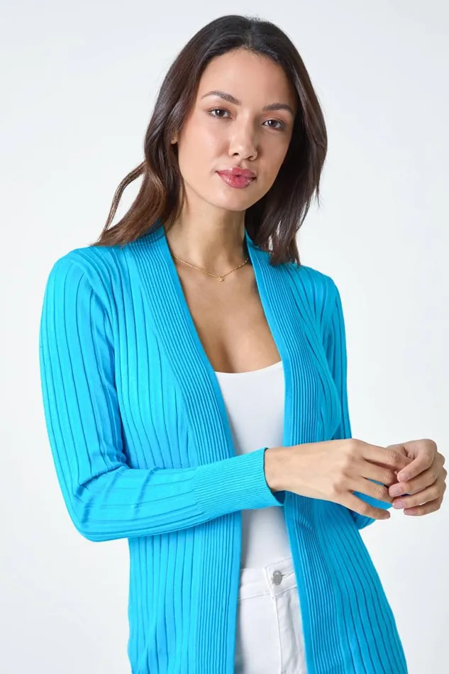 Turquoise Ribbed Longline Cardigan Women Roman Knitwear