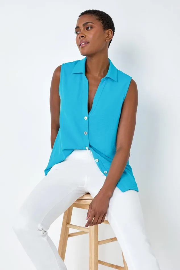 Turquoise Sleeveless Button Through Top Women Roman Tops