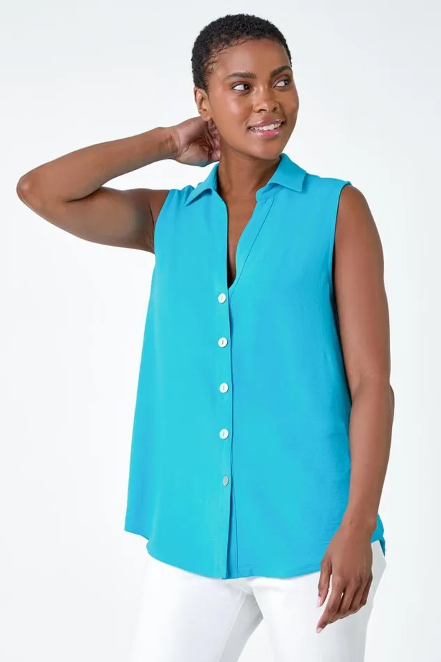 Turquoise Sleeveless Button Through Top Women Roman Tops