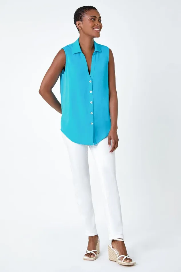 Turquoise Sleeveless Button Through Top Women Roman Tops