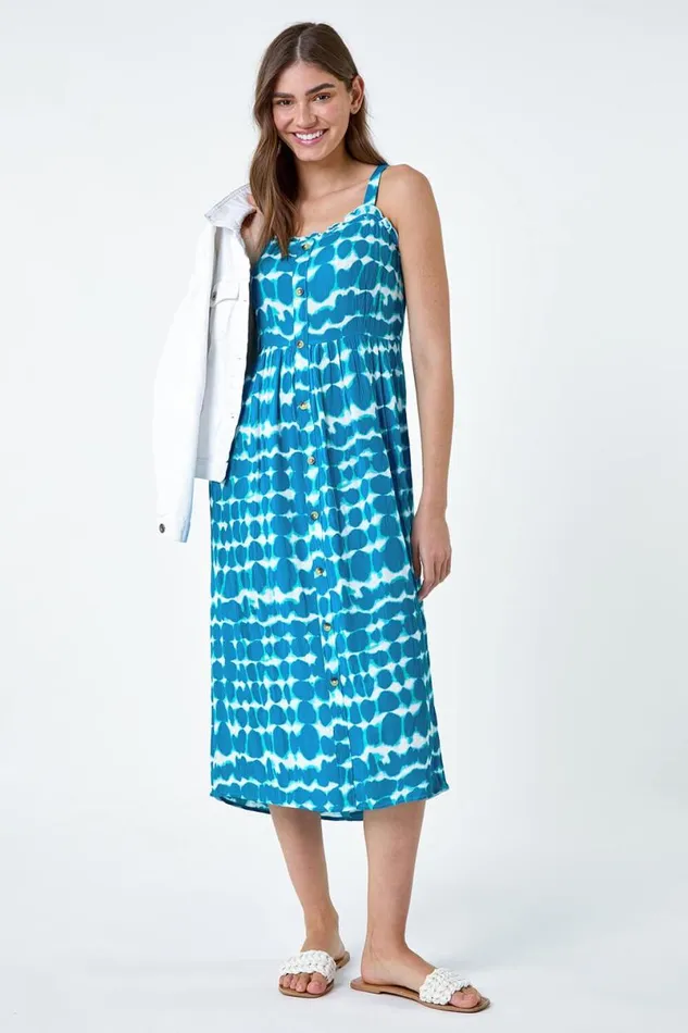 Turquoise Tie Dye Spot Print Midi Sundress Women Roman Dresses