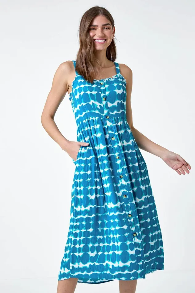Turquoise Tie Dye Spot Print Midi Sundress Women Roman Dresses