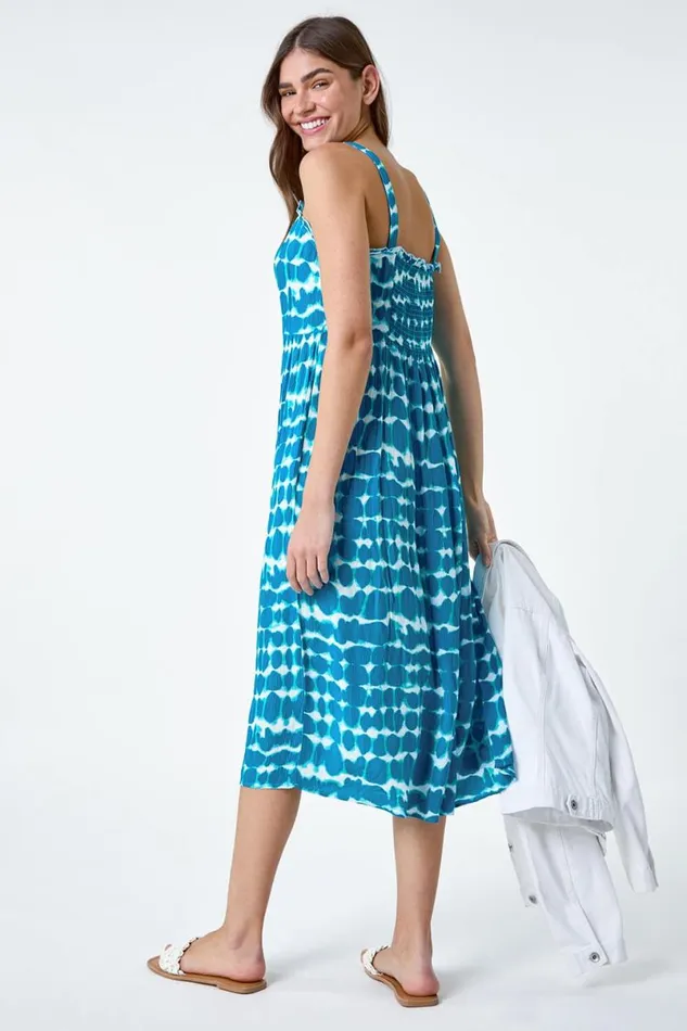 Turquoise Tie Dye Spot Print Midi Sundress Women Roman Dresses